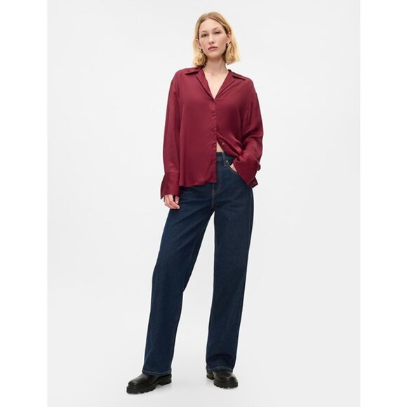 GAP Relaxed Satin Shirt in Red Delicious, Size L - Picture 10 of 11